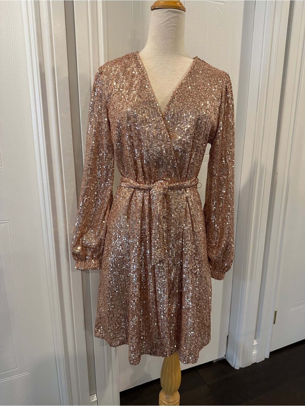 Cleo Sequin Wrap Mini Dress in Rose Gold